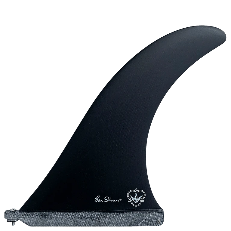 Black surf fin with branding on a white background