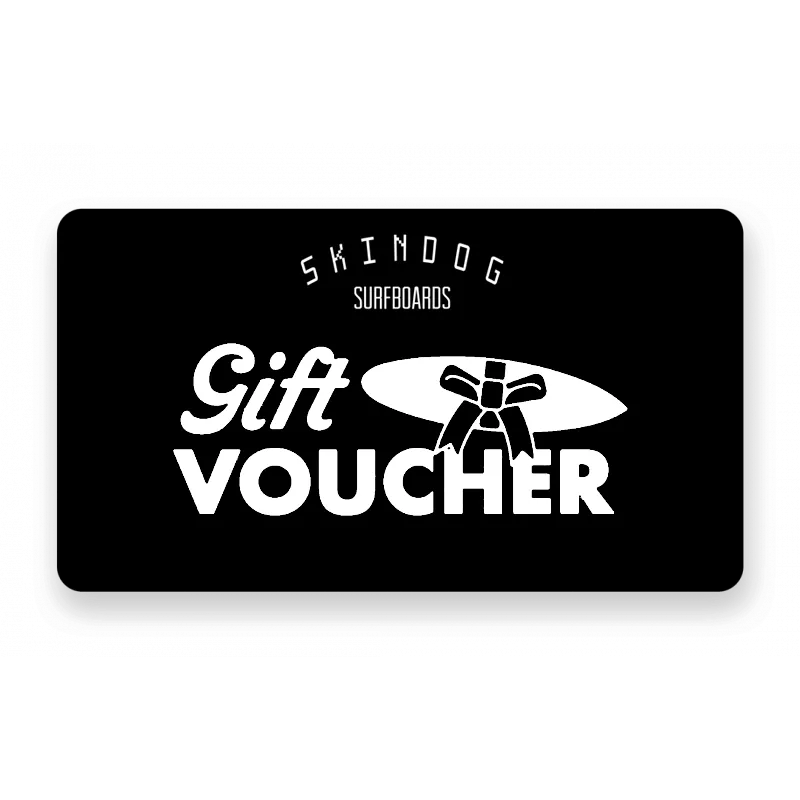 Black credit card shaped voucher with Skindog Surfboards logo and "Gift Voucher" written in white text, with an image of a ribbon-wrapped surfboard
