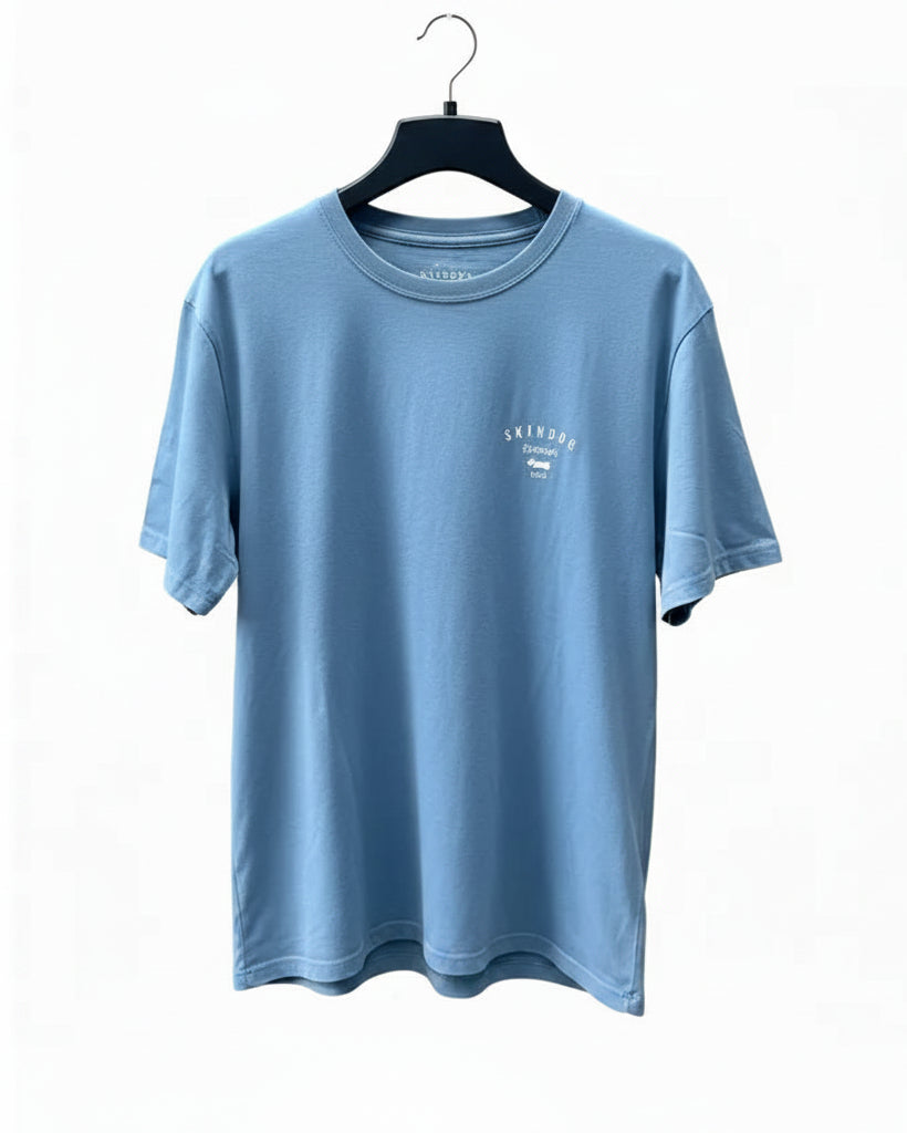 Blue t-shirt on a hanger against a white background