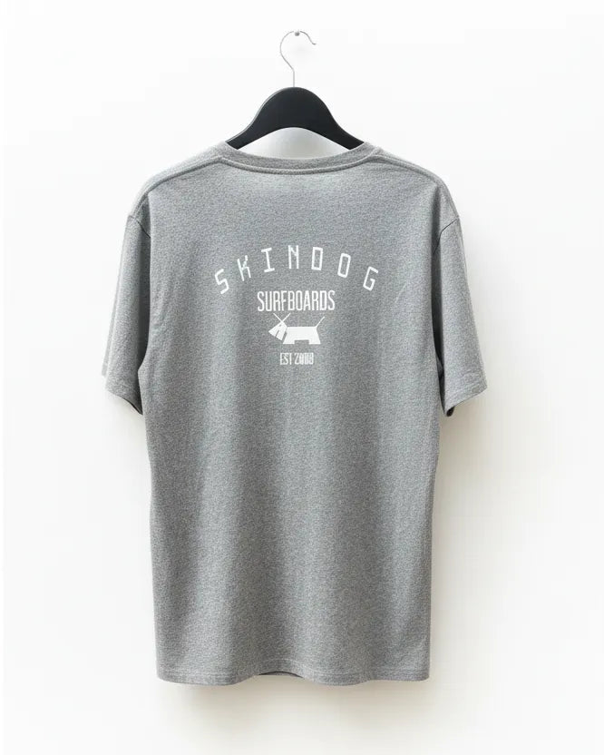 Grey t-shirt with 'Skindog Surfboards' logo on a white background