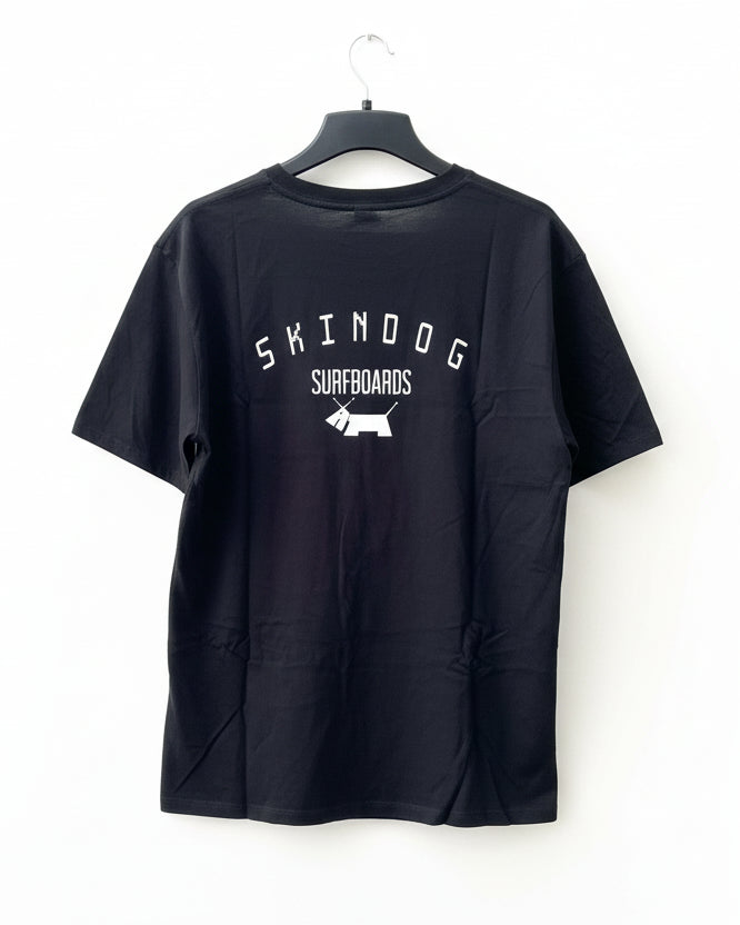 Black t-shirt with 'Skindoog Surfboards' logo on a white background