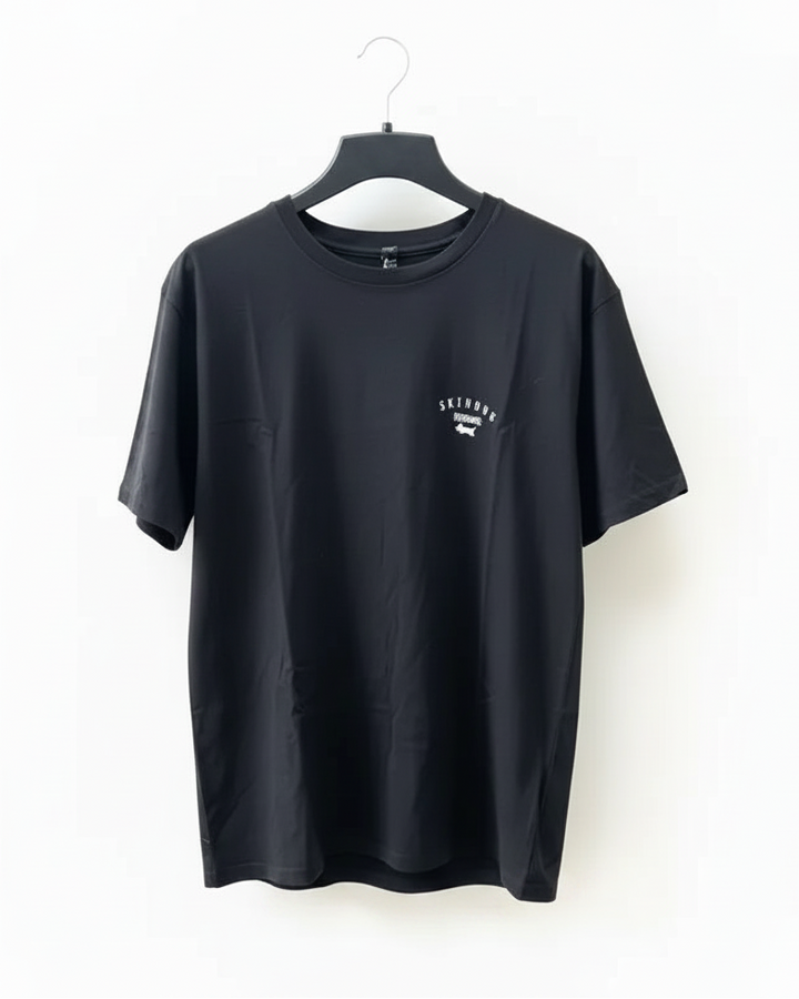 Black t-shirt with a logo on a white background