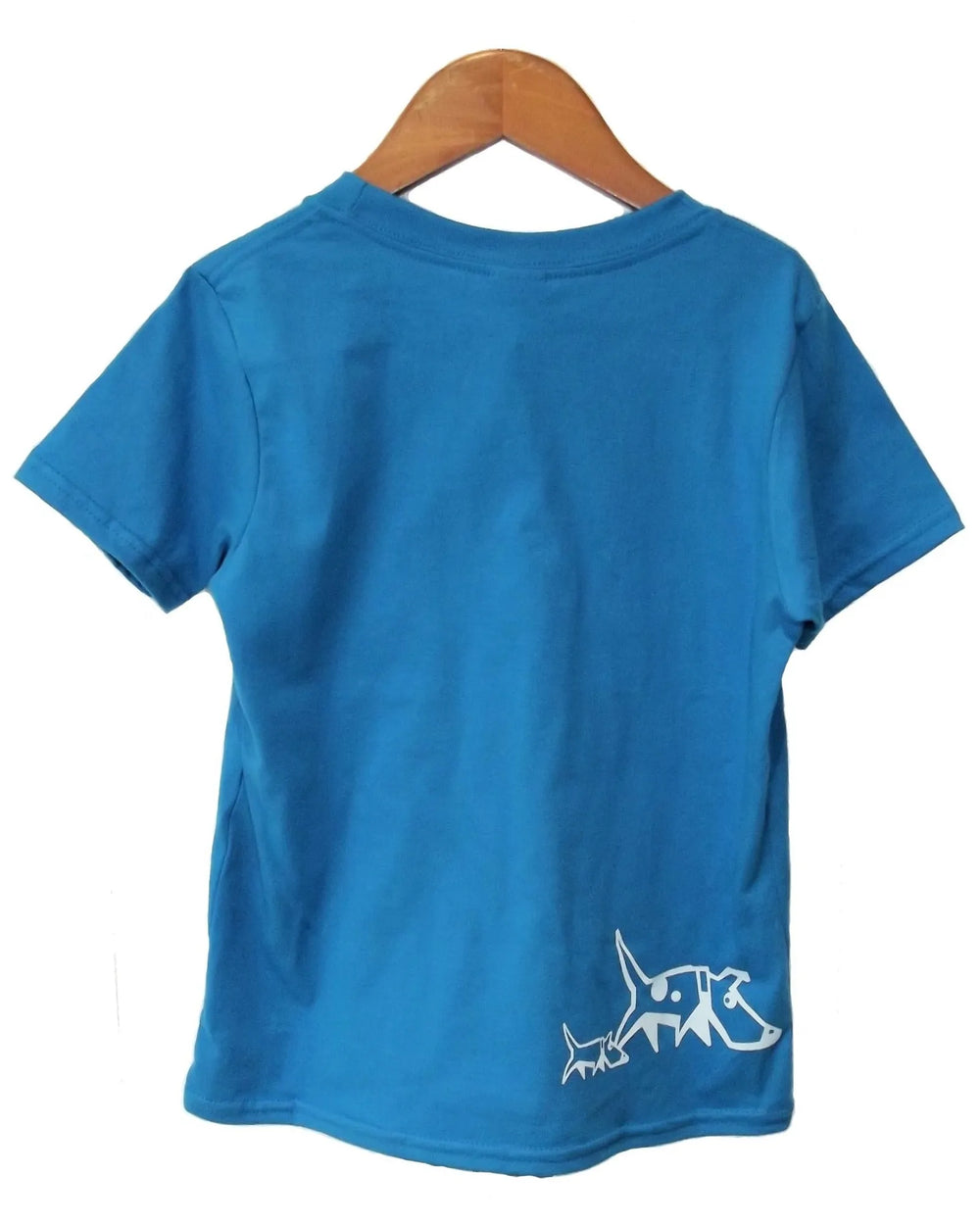 Blue t-shirt with a white dog graphic on a wooden hanger against a white background