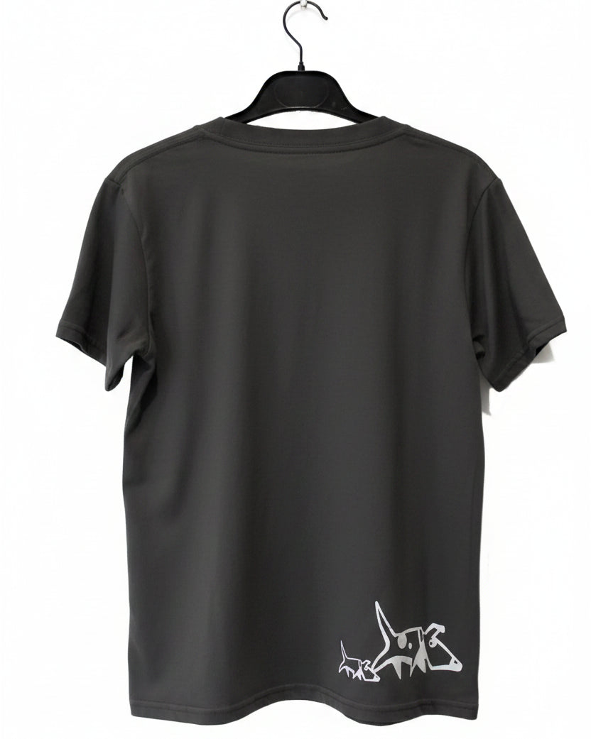 Black t-shirt with a white dog graphic on a hanger against a white background