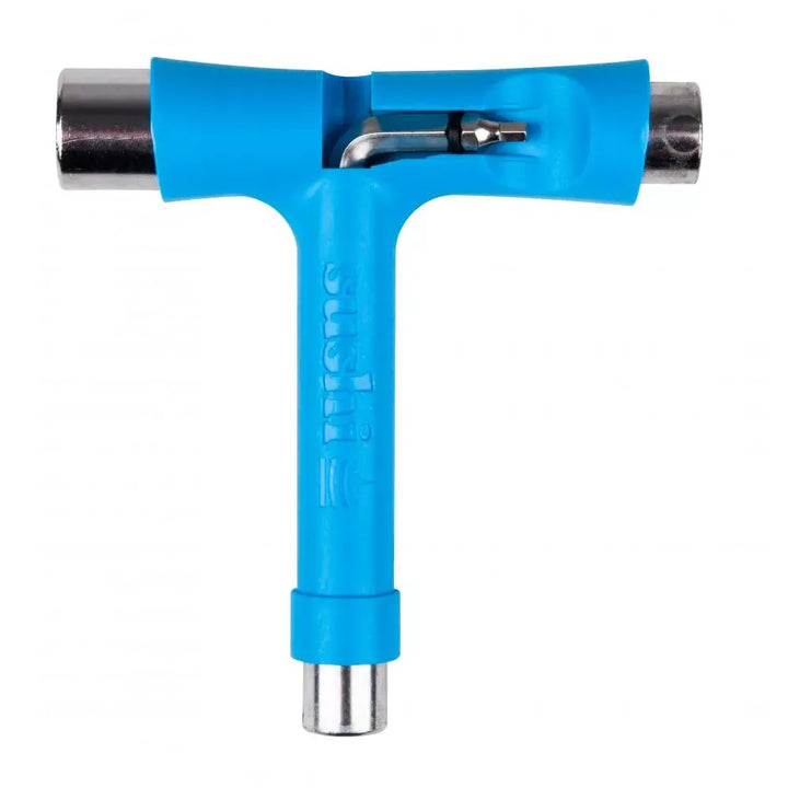 Blue and silver T-shaped skateboard tool with &
