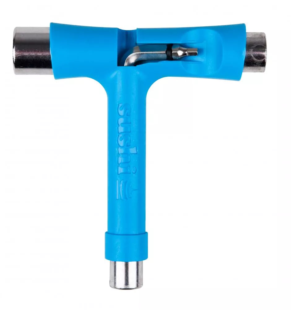 Blue and silver T-shaped skateboard tool with 'Sushi' branding on a white background