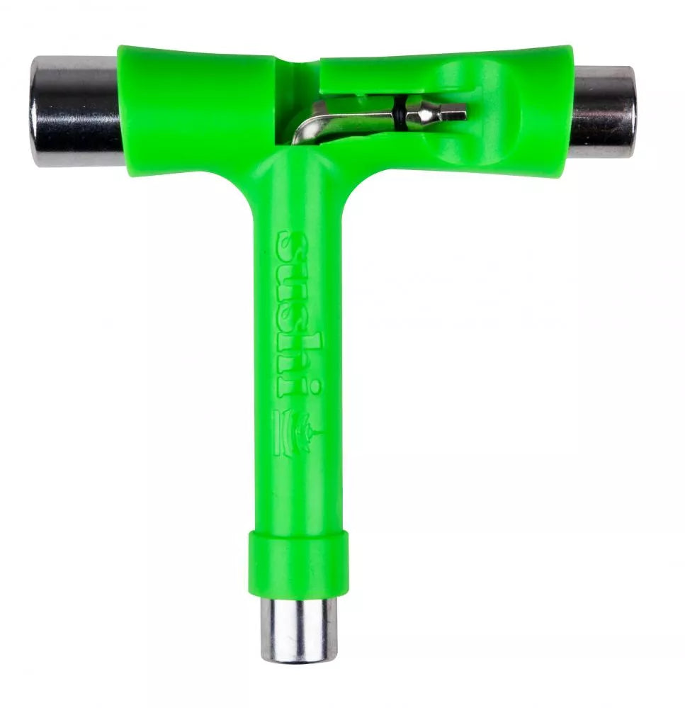 Green and silver T-shaped skateboard tool with 'Sushi' branding on a white background