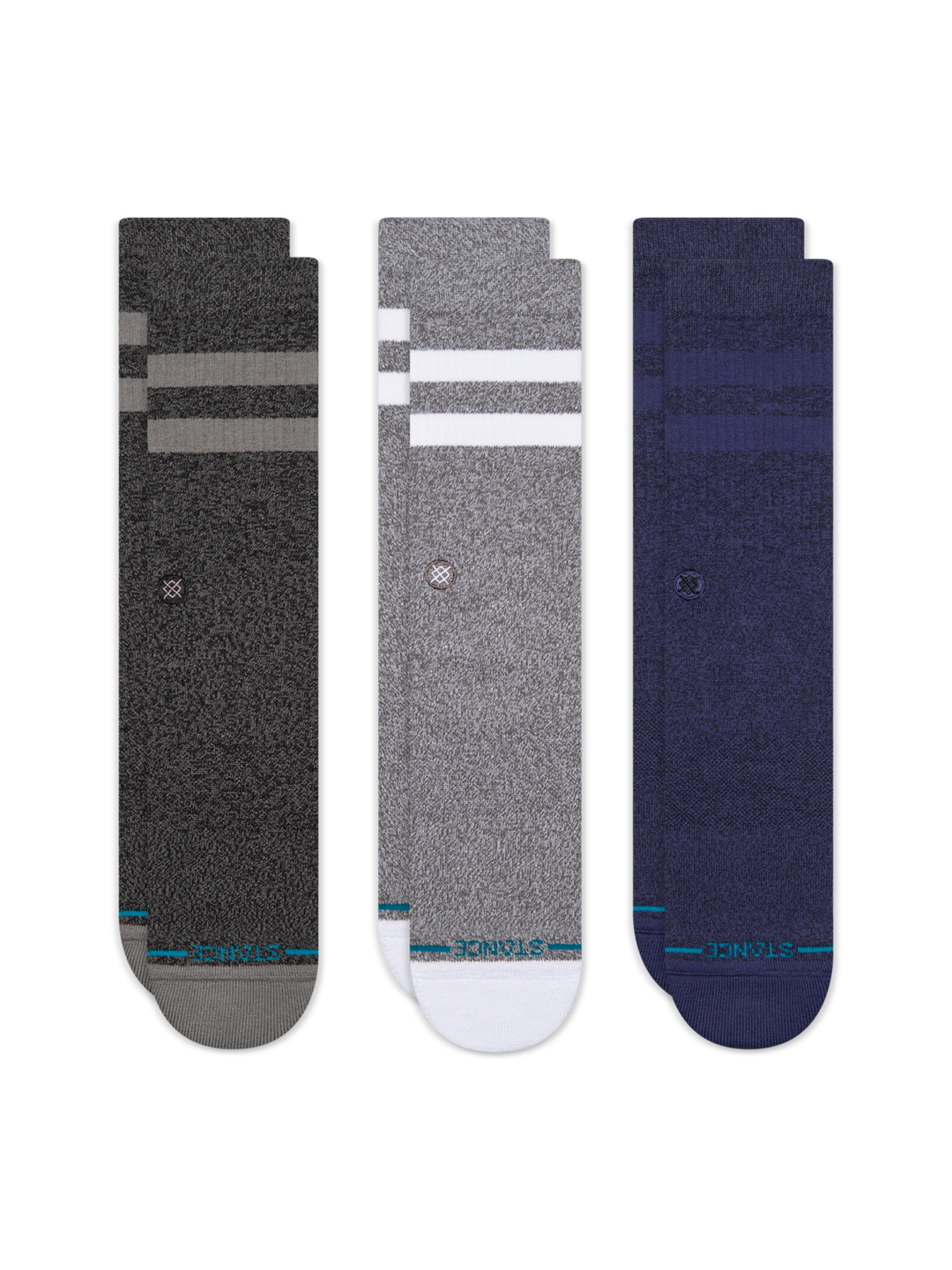 The Joven crew sock 3-pack with dark grey and light grey striped socks and navy socks