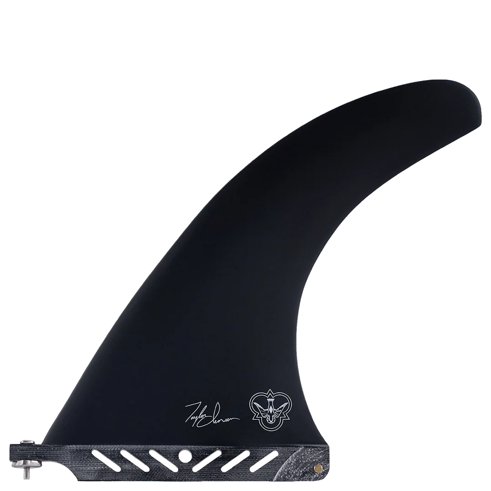 Black surfboard fin with branding on a white background
