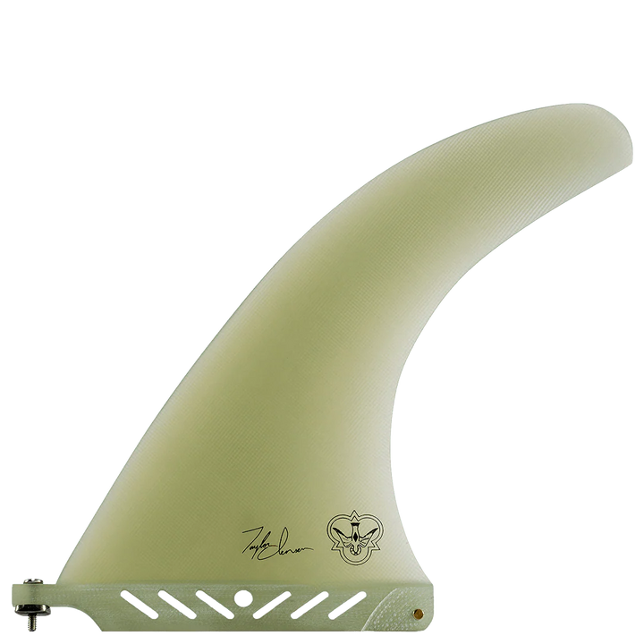Light green surfboard fin with branding on a white background
