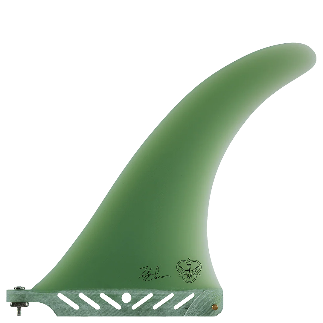 Green surfboard fin with branding on a white background