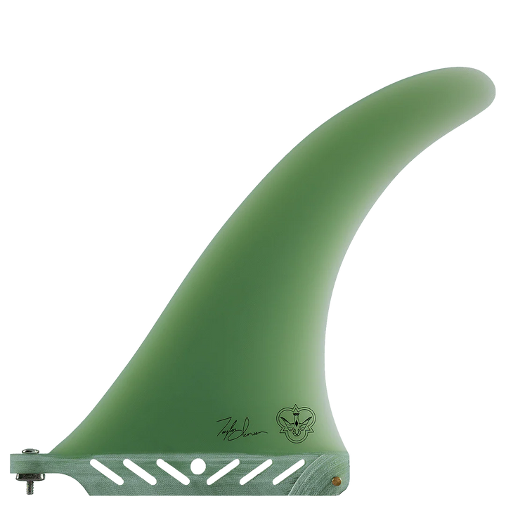 Green surfboard fin with branding on a white background