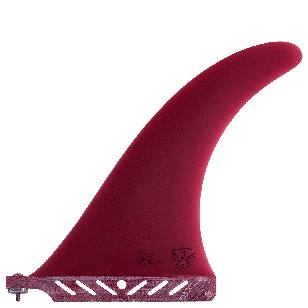 Red surf fin with a signature and brand logo on a white background
