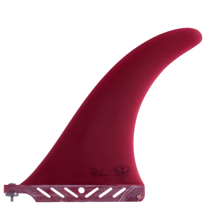 Red surf fin with a signature and brand logo on a white background