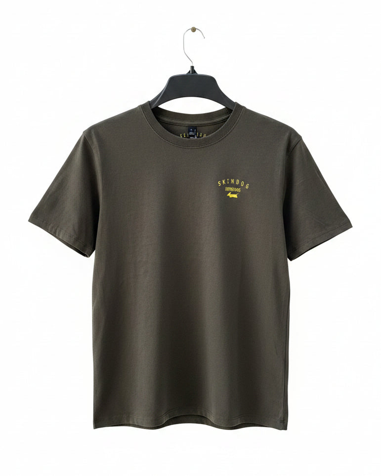 Black T-shirt with gold chest logo on a white background