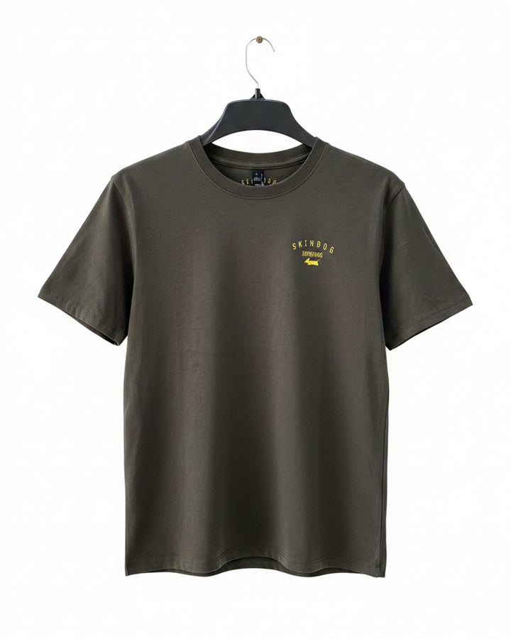 Black T-shirt with gold chest logo on a white background
