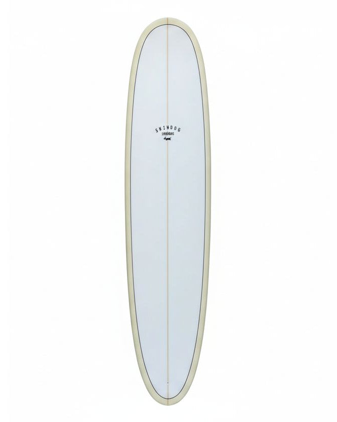 White surfboard with a logo and cream rails and black pin line on a white background