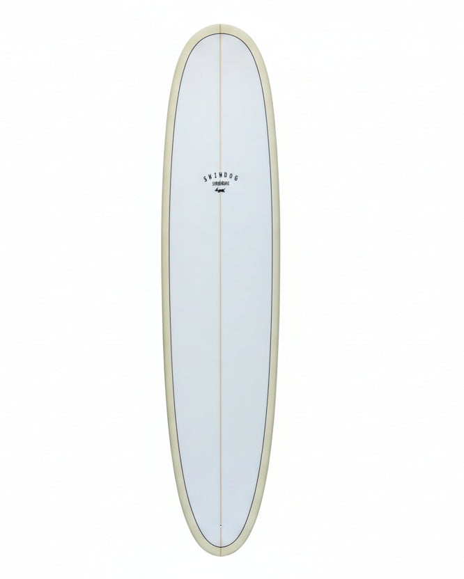 White surfboard with a logo and cream rails and black pin line on a white background