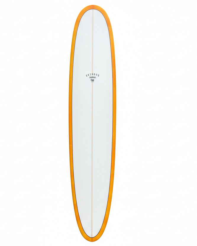 Longboard surfboard in white with orange tinted rails on a white background