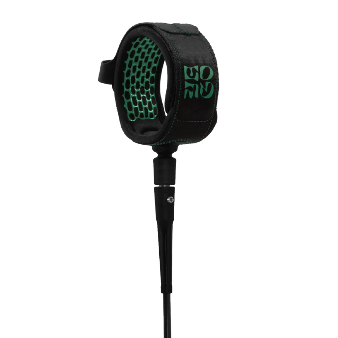 Black and green surfboard leash on transparent background.