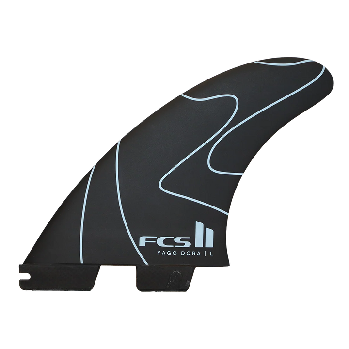 Black FCS II surfboard fin with "Yago Dora" and green accent stripes, on a white background.