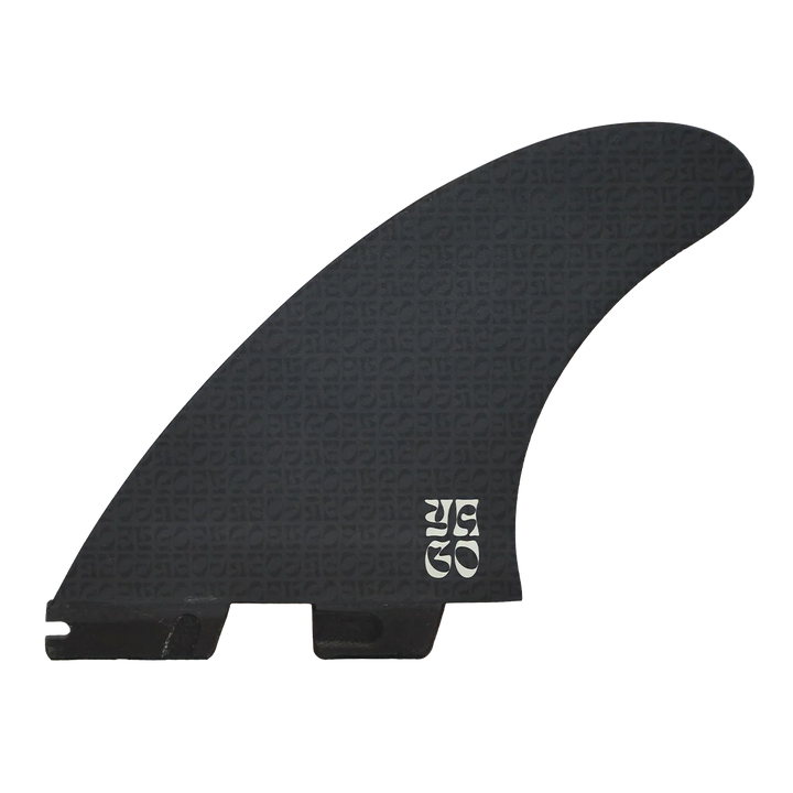 Black surfboard fin with a brand logo on a white background