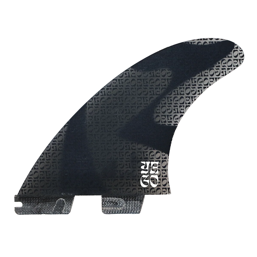 Black surf fin with 'FCS II' branding on a white background