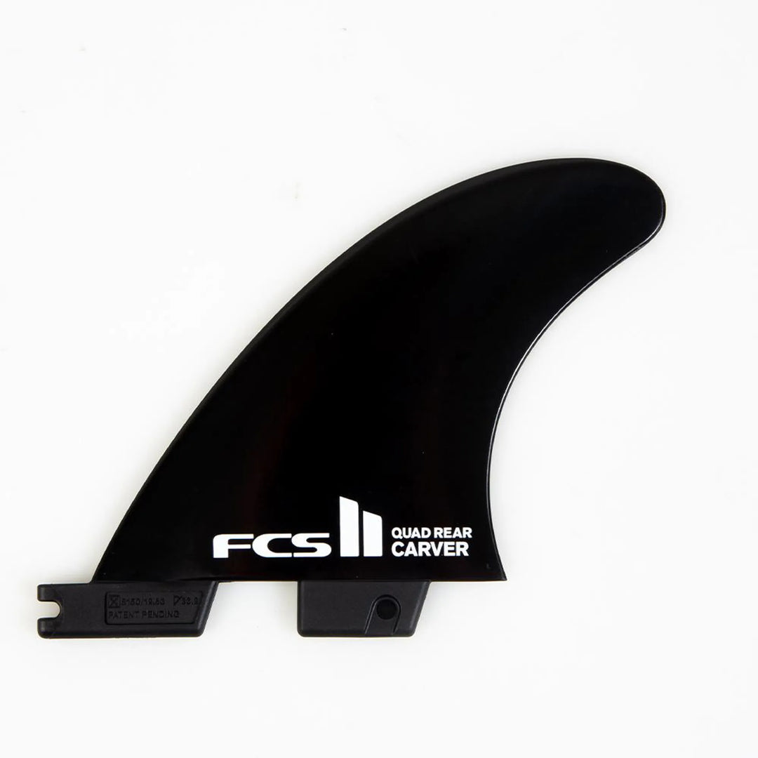 Black surfboard fin with FCS branding on a white background