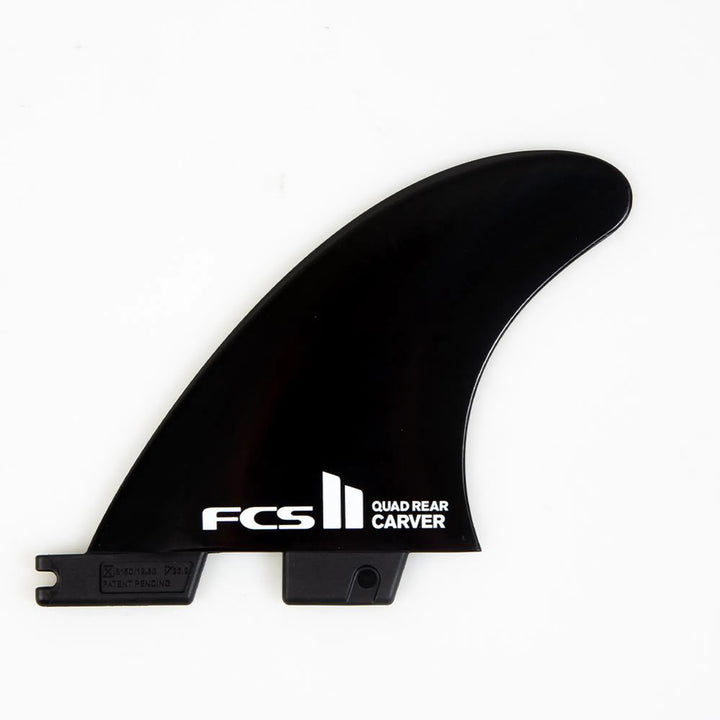 Black surfboard fin with FCS branding on a white background