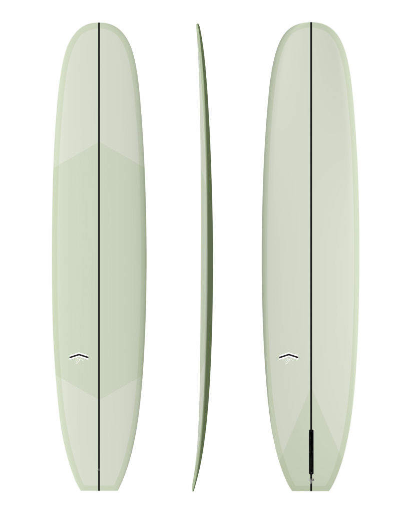 Two views of a light green surfboard with black stripes on a white background
