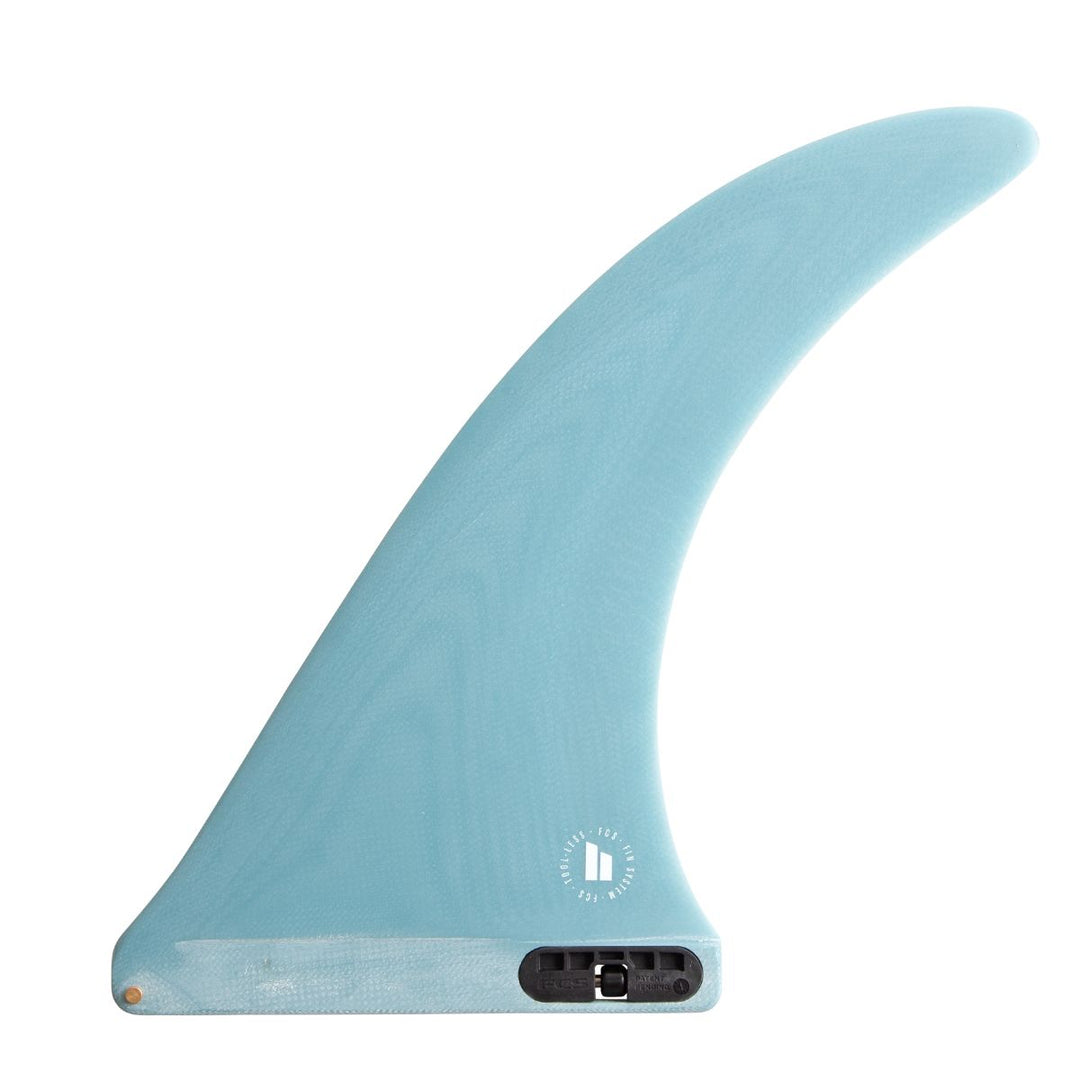 Light blue longboard fin on a white background