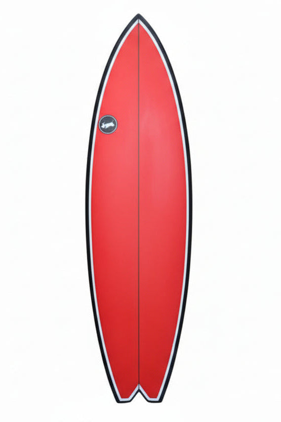 Red, black and white surfboard on a white background.