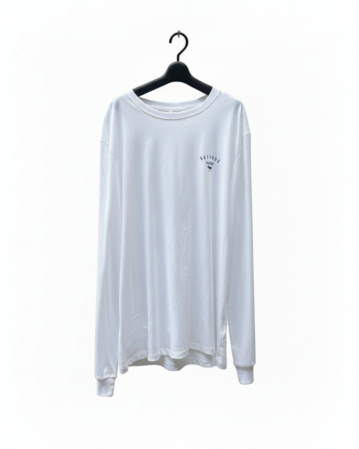 White long-sleeve shirt on a hanger against a white background