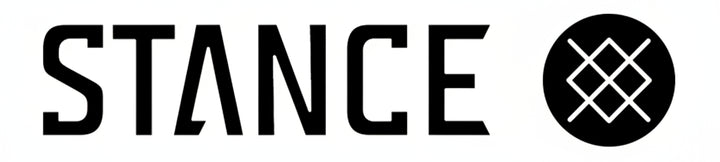 Stance logo with black text and black circle with white design on a transparent background