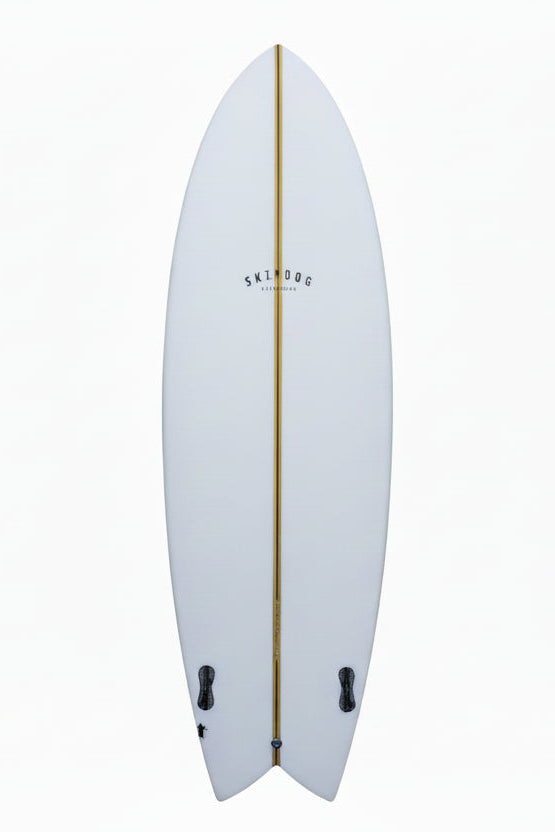 White surfboard with a gold stringer on a white background