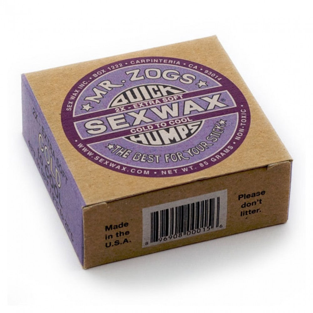 Box of surf wax branded "Mr. Zogs SEXWAX" with a purple emblem on a white  background