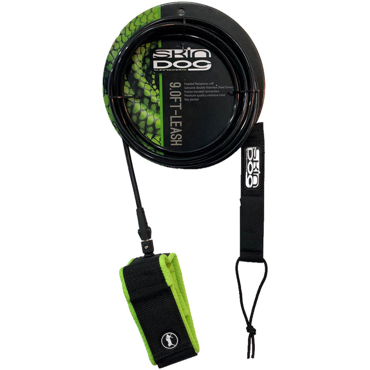 Green and black 9ft surfboard leash, with a white dog logo on a white background.