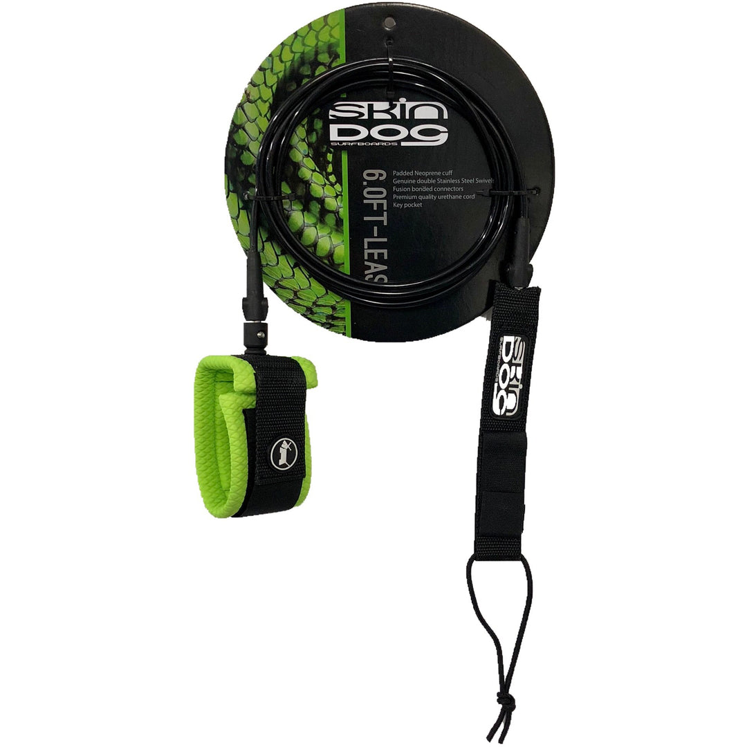 Green and black 'skindog' branded 6ft surfboard leash on a white background.
