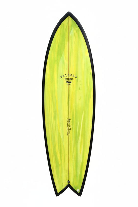 Yellow surfboard with black edges on a white background