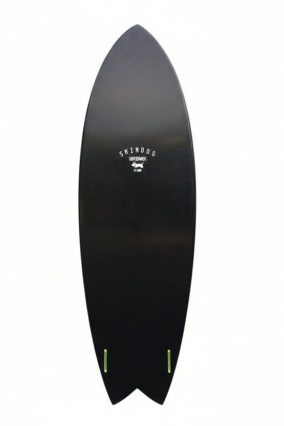 Black surfboard with a visible brand logo on a white background